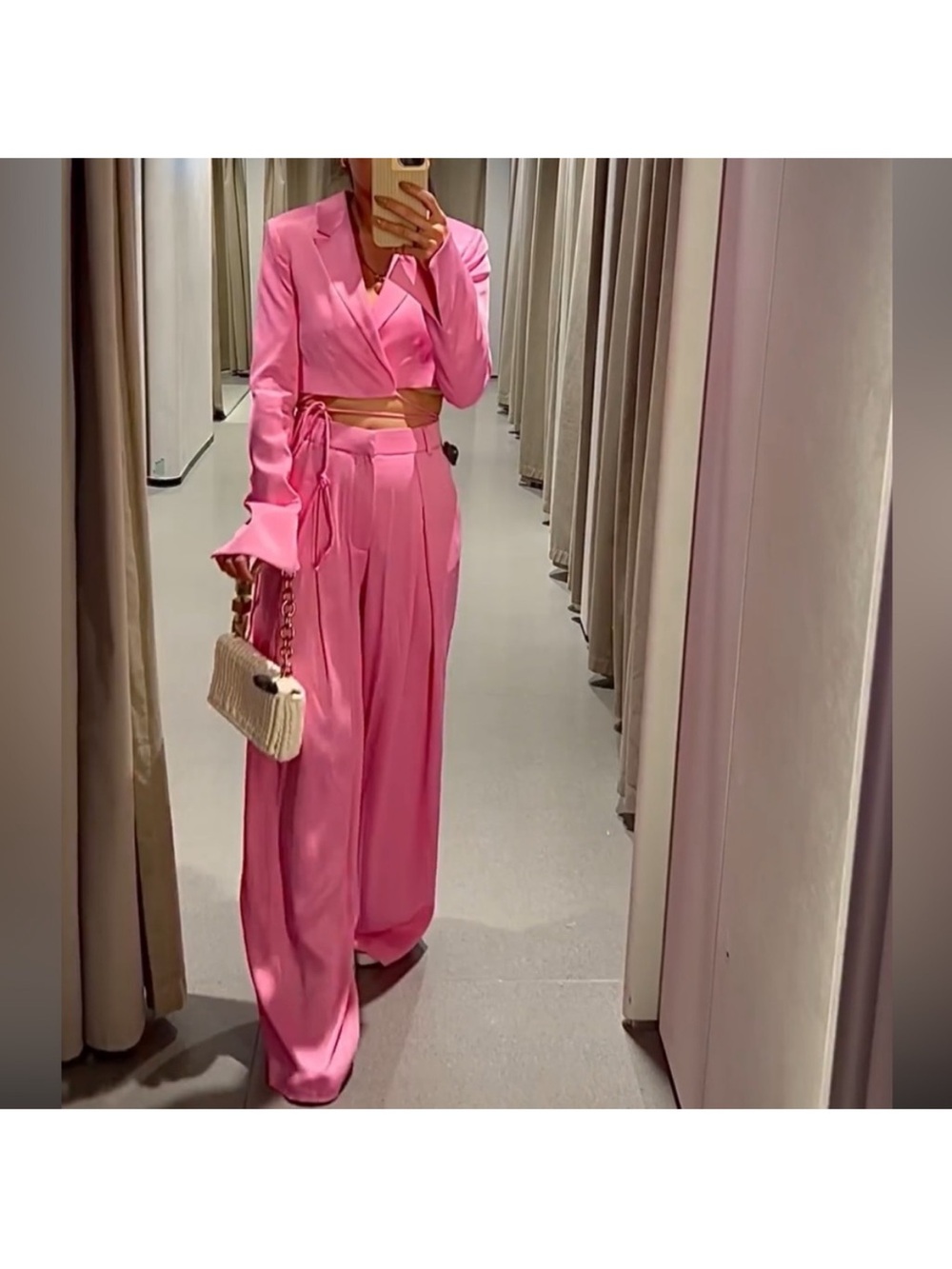 Zara Pink Two-Piece matching set satin effect cropped Blazer & Wide-Leg Pants
